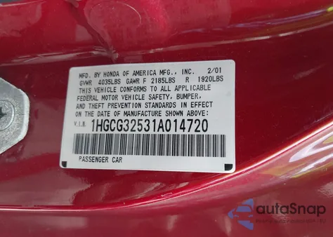 2001 Honda Accord 2.3 Ex from USA, damaged, VIN 1HGCG32531A014720